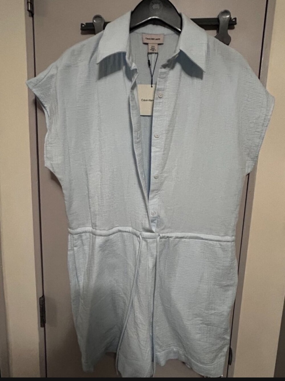 Calvin Klein Jeans Light Blue Sleeveless Shirt Romper Drawstring S NWT